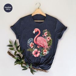 cool flamingo graphic tees, floral summer clothing, cute flower outfit, trendy gifts for women, summer tshirt, flamingo
