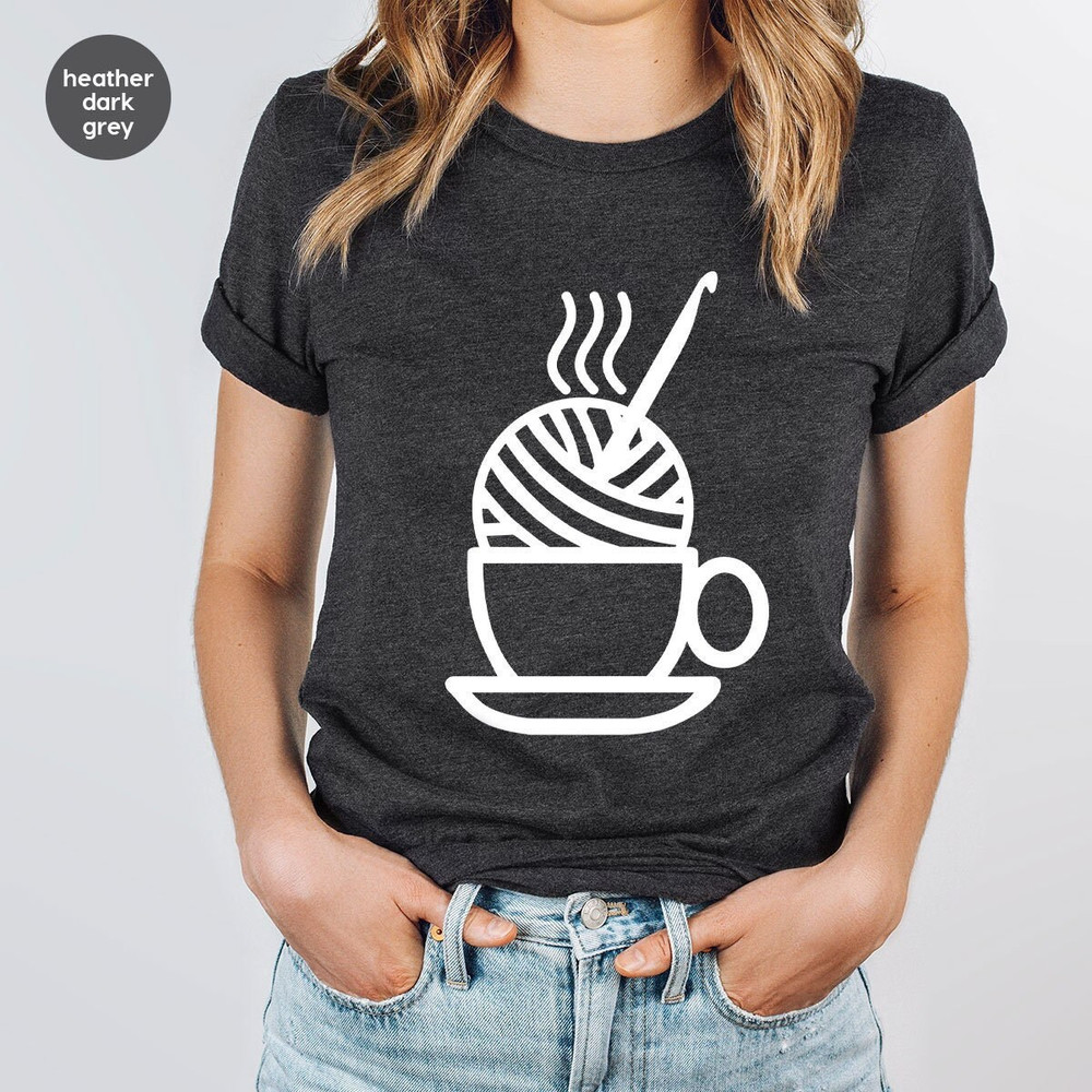 Crochet Tshirt, Crocheting T Shirts, Knitter Gifts, Coffee T-Shirt, Yarn Graphic Tees, Crafting Mom Clothes, Gift for Her, Women Vneck Shirt.jpg