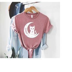 celestial cat shirt,cat in the moon shirt,womens cat shirt,mystical shirt,moon phases shirt,cat spiritual shirt,astrolog