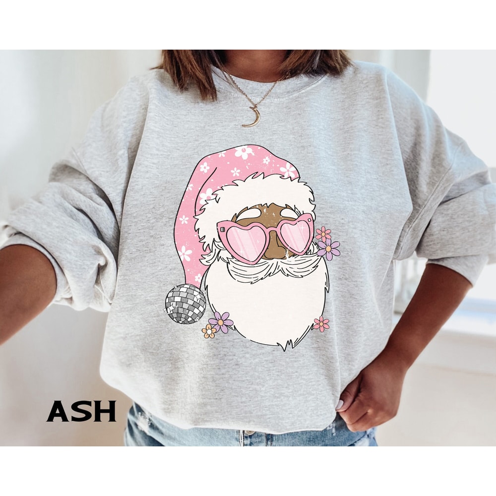 Retro Black Santa Christmas Sweatshirt for Women, African American Groovy Disco Santa Claus Hoodie, Cute Holiday Crewneck Sweater.jpg