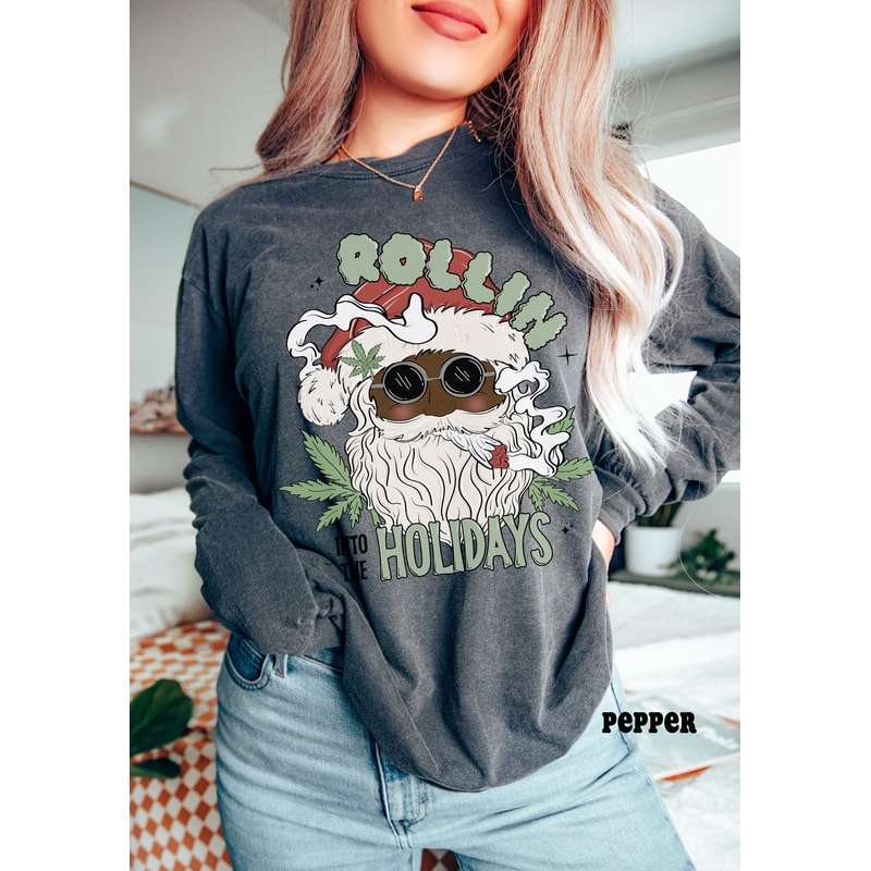 Retro Black Santa Long Sleeve Weed Shirt, Comfort ColorsĀ® Rollin Into the Holidays Funny Christmas Cannabis Tee, Weed Lover Party Shirts.jpg