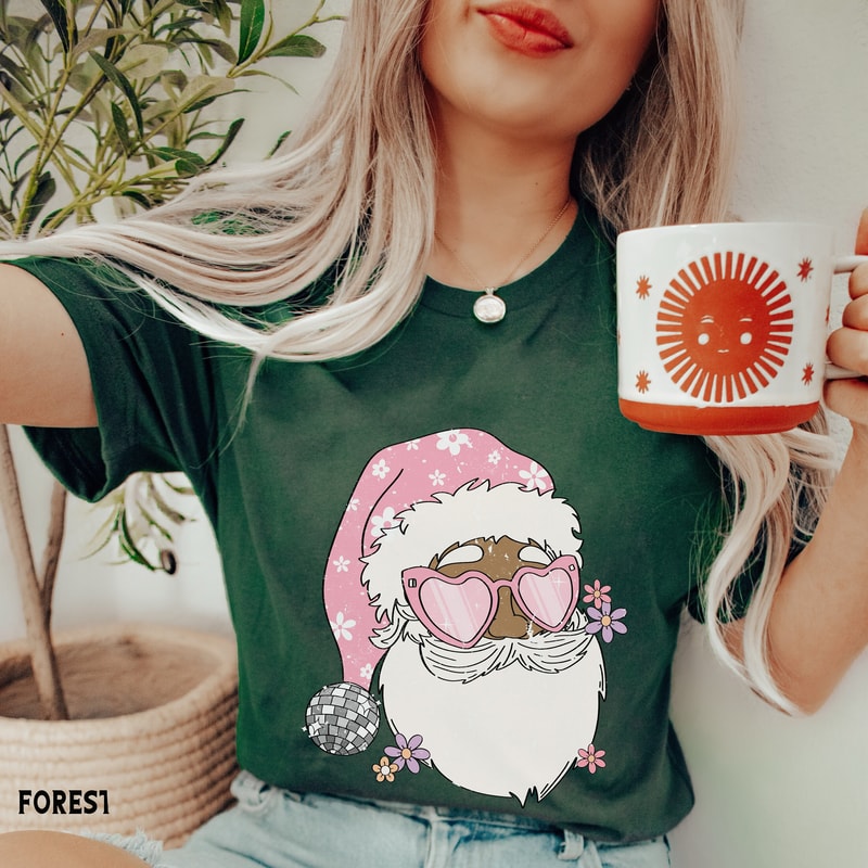 Retro Christmas Black Santa Shirt, Groovy Disco Ball Santa Claus T Shirt, Trendy Xmas Tee, Cute Holiday Party Apparel, Matching Shirts.jpg