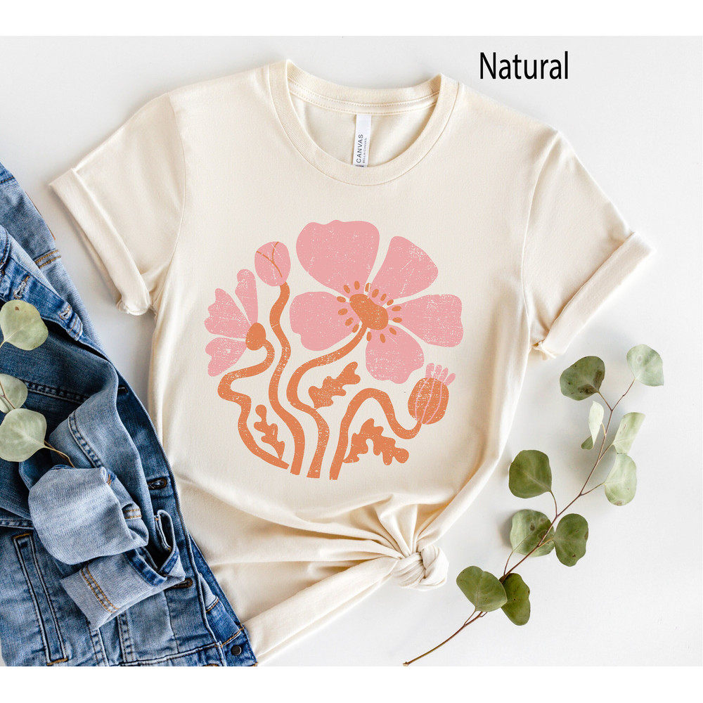 Retro Flower Shirt, Art Deco Poppy Floral TShirt, Boho Modern Flowers Tee, Vintage Botanical Oversized Tee, Gift for Mom, Gardener Gifts.jpg
