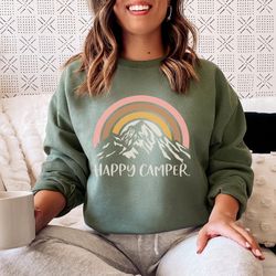 retro happy camper sweatshirt for women,  retro rainbow mountain, camping hiking sweatshirt, travel sweatshirt, gift for