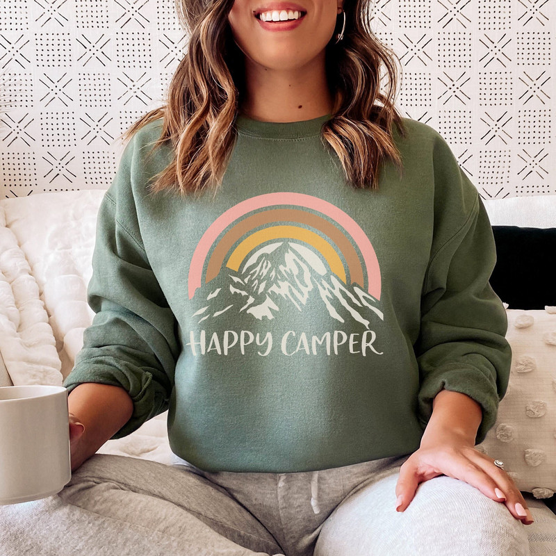 Retro Happy Camper Sweatshirt for Women, Retro Rainbow Mountain, Camping Hiking Sweatshirt, Travel Sweatshirt, Gift for her.jpg