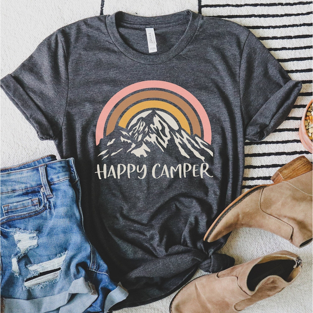 Retro Happy Camper Tee Shirt for Women, Camping Shirts for her, Hiking Shirts, Nature lover Shirt, Gift for her.jpg