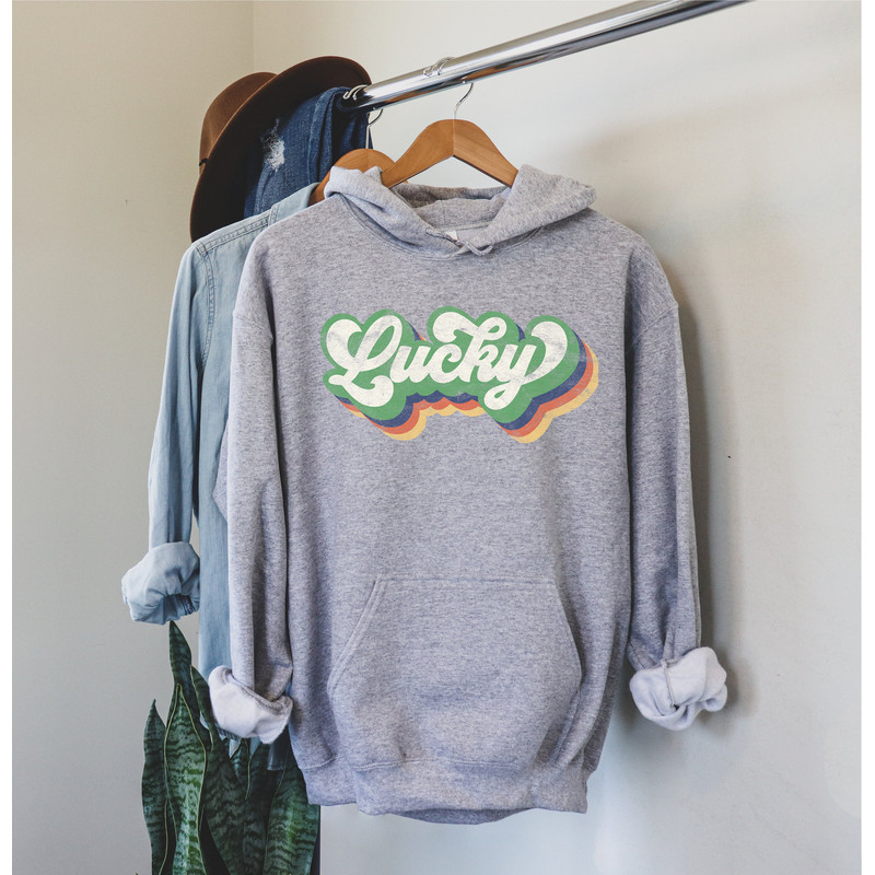 Retro Lucky St. Patrick's Day hooded sweatshirt for women, Distressed vintage Lucky graphic hoodie, Lucky green St. Patty's Day hoodie.jpg