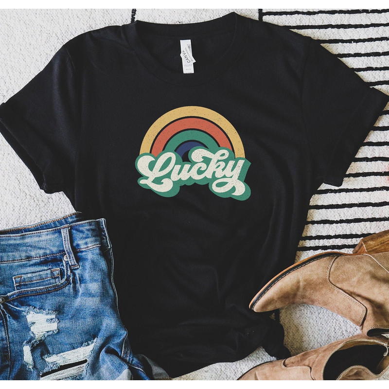 Retro Rainbow Lucky St. Patricks Day Shirt for Women, Distressed retro rainbow Lucky graphic tee for her, Lucky green St. Patty's Day shirt.jpg