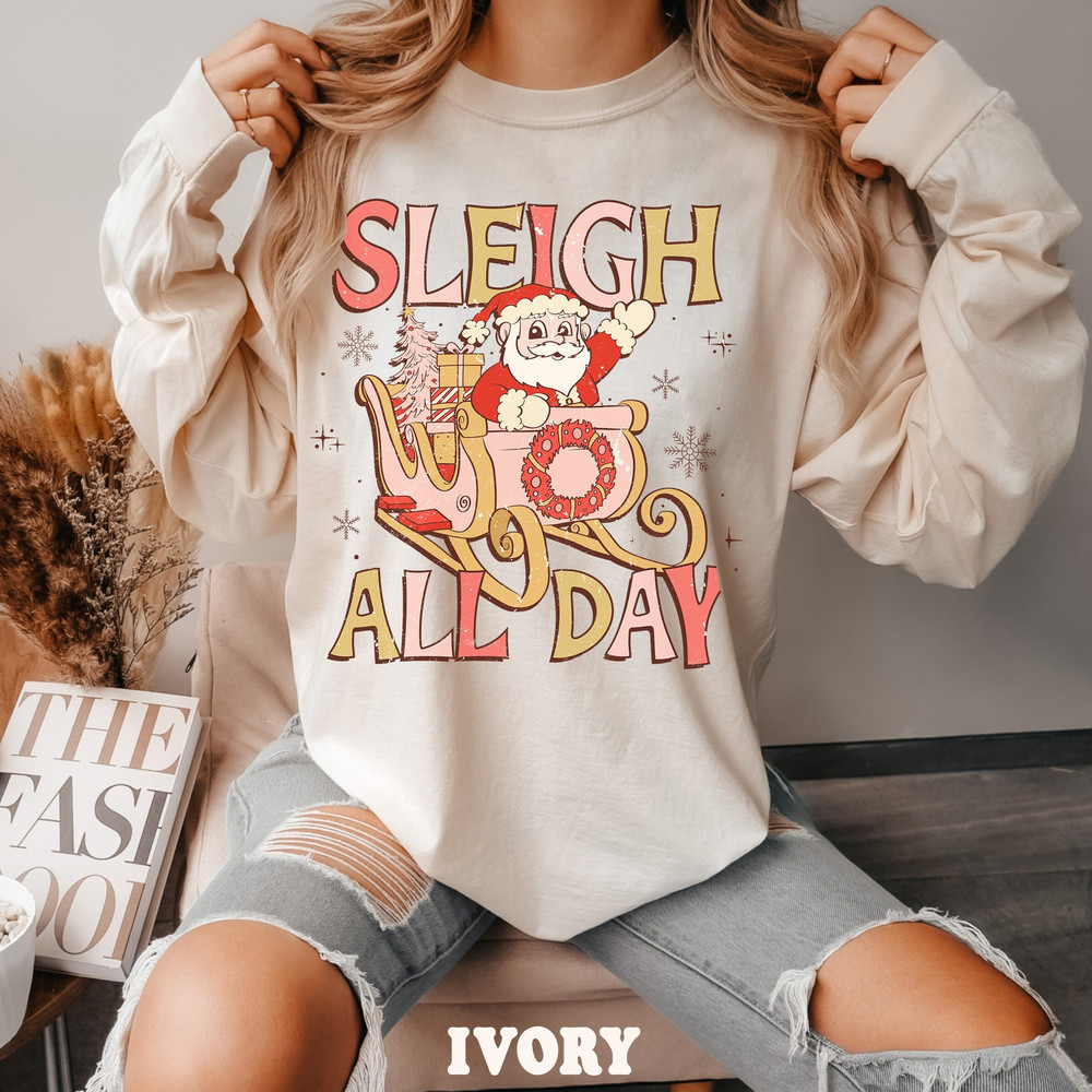 Retro Santa Christmas Long Sleeve Shirt for Women, Comfort ColorsĀ® , Sleigh All Day Santa Claus Tee, Trendy Christmas Cute Holiday TShirt.jpg