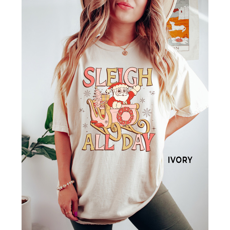 Retro Santa Funny Christmas Shirt for Women, Comfort ColorsĀ®, Sleigh All Day Santa Claus Christmas TShirt, Trendy Holiday Party Tee.jpg