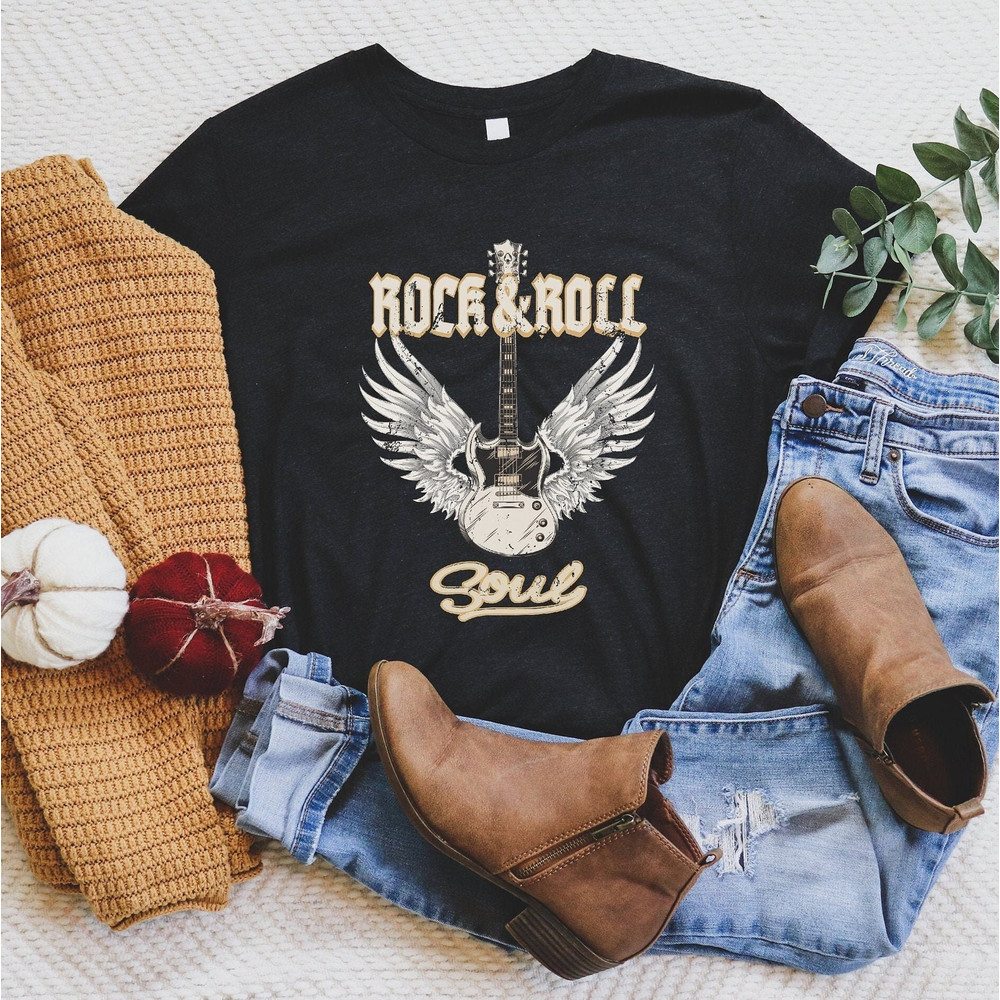 Rock & Roll T Shirt, Rock and Roll Tee, Guitar tee, Boho Wings Tee, Vintage Band Tee.jpg