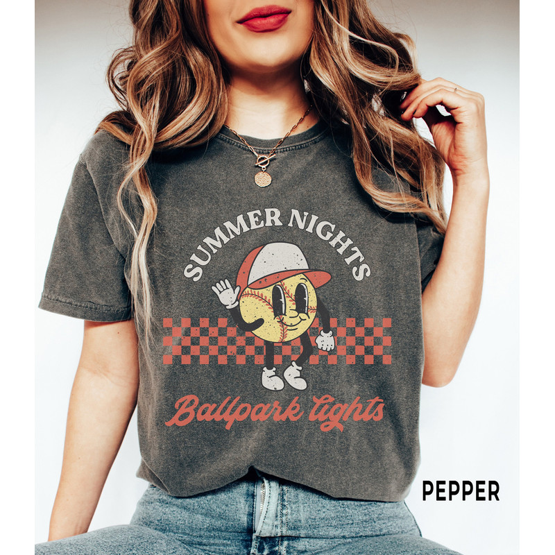 Softball Shirt, Comfort ColorsĀ®, Summer Nights Ballpark Lights, Softball Mama Shirt, Retro Softball Tee, Cute Softball Game Day Mom Shirt.jpg