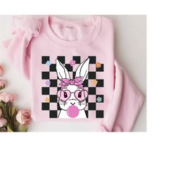 bunny with glasses sweatshirt, happy easter bunny sweatshirt, easter bunny graphic, ladies easter bunny hoodie, bubble g