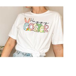 happy easter shirt, easter egg shirt, bunny graphic tee, easter shirts for women, ladies easter bunny, bunny tee, mom gi
