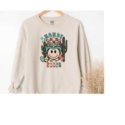 easter howdy peeps sweatshirt, happy face western bunny groovy sweatshirt, happy easter bunny sweatshirt, bunnies sweats