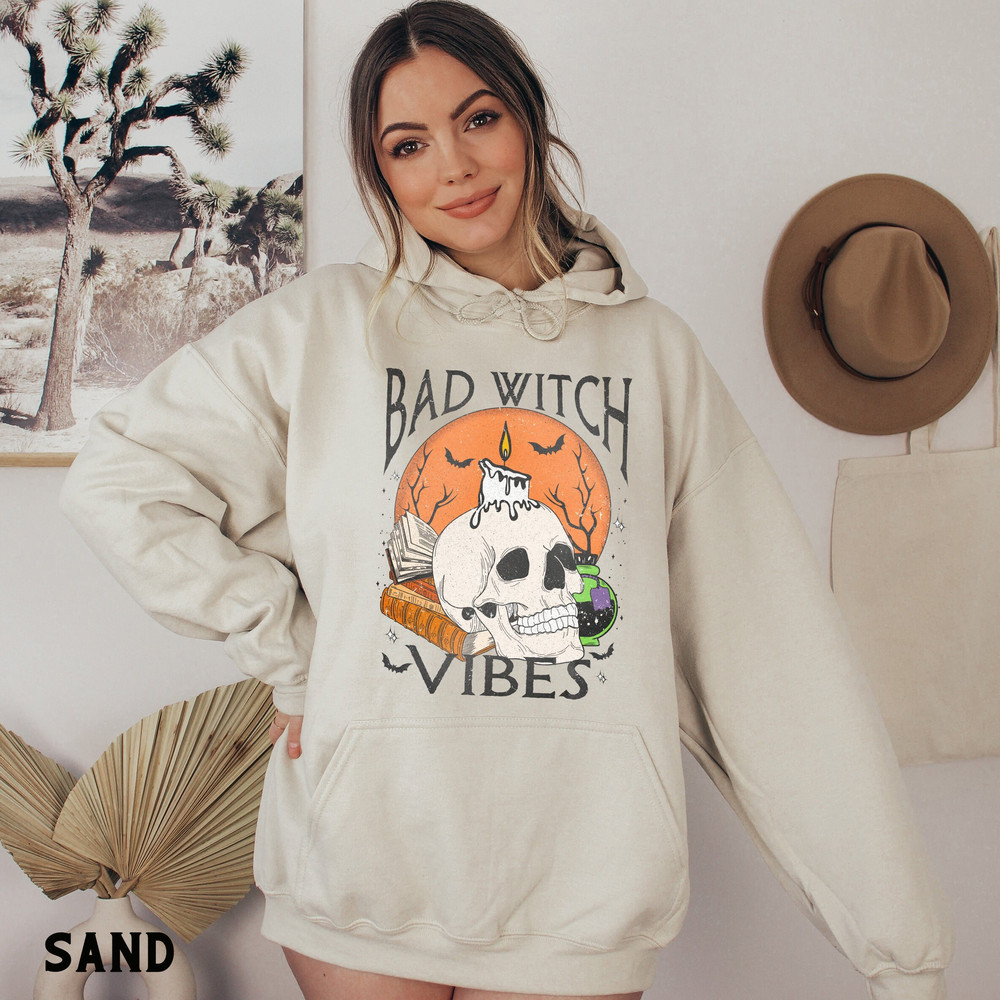Halloween Sweatshirt for Women, Bad Witch Vibes Skull Hoodie, Witchy Occult Aesthetic Clothing, Gothic Gift for Her.jpg