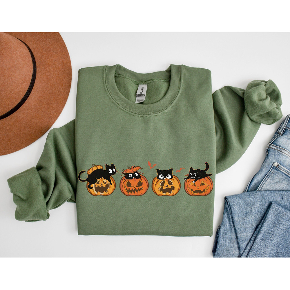 Halloween Sweatshirt, Black Cat Sweatshirt, Halloween Hoodie, Cat on Pumpkins Crewneck, Pumpkin Cat Hoodie, Fall Sweatshirt, Cat Lover Gift.jpg