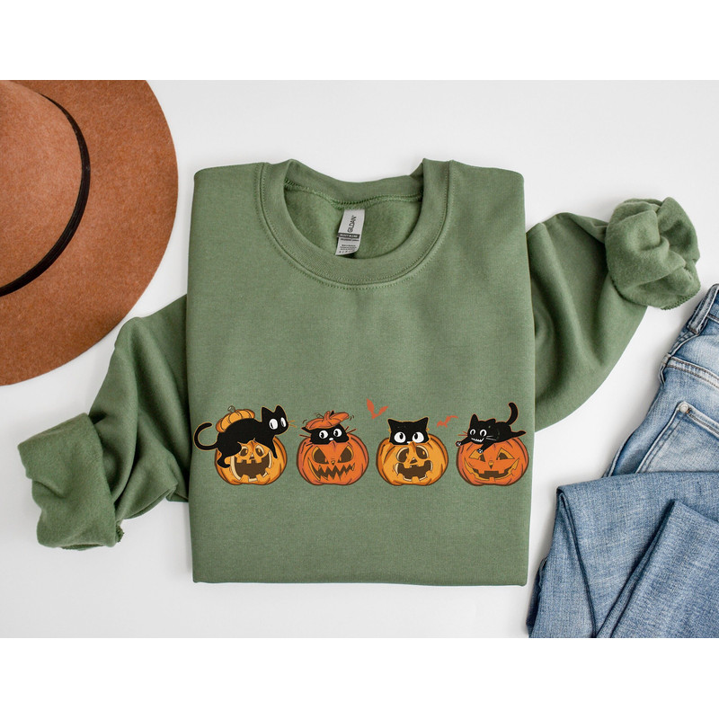 Halloween Sweatshirt, Black Cat Sweatshirt, Halloween Hoodie, Cat on Pumpkins Crewneck, Pumpkin Cat Hoodie, Fall Sweatshirt, Cat Lover Gift.jpg