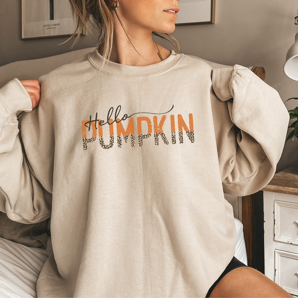 Hello Pumpkin Sweatshirt, Womens Fall Sweatshirt, Leopard Pumpkin Sweatshirt, Thanksgiving Sweatshirt, Cute Fall Sweater for Women 1.jpg