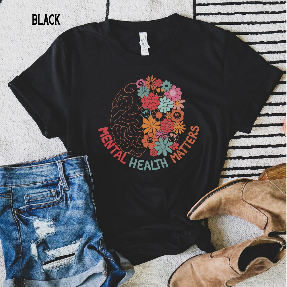 Mental Health Matters Shirt, Retro Floral Brain, Mental Health Awareness TShirt, Motivational Tee, Psychologist Therapist Gift.jpg