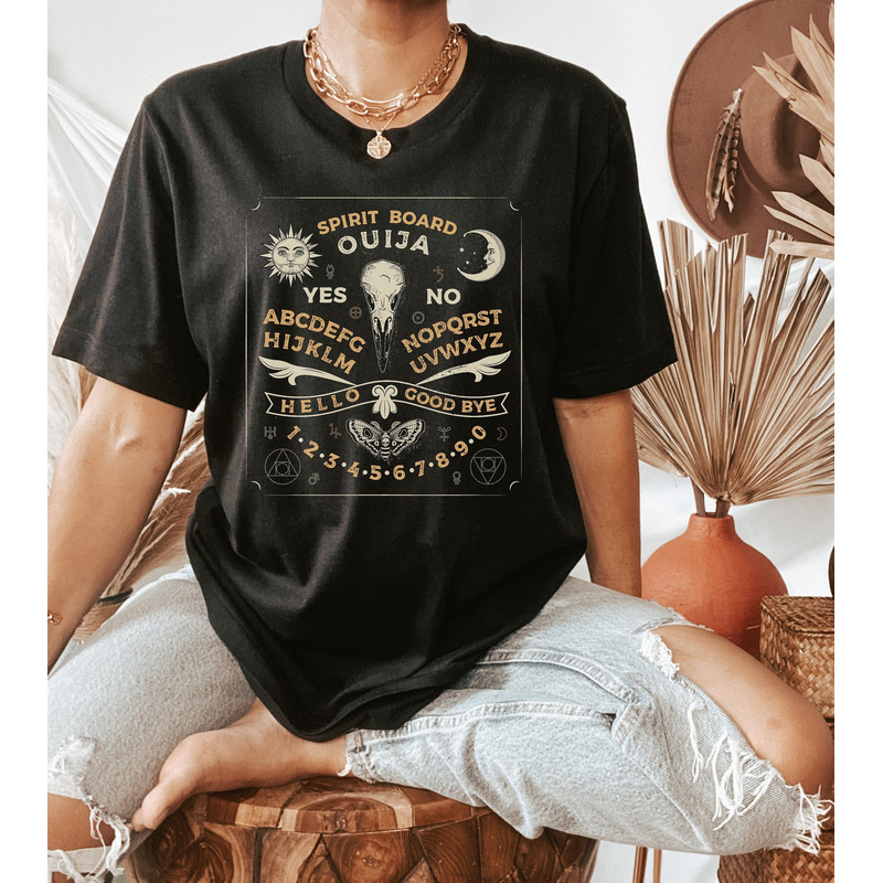 Ouija Board, Halloween Shirt, Oversized, Spirit Board, Skull Graphic Tee, Witch Tee, Fall Shirt for women, Mystical, Celestial Tee, Boho Tee.jpg