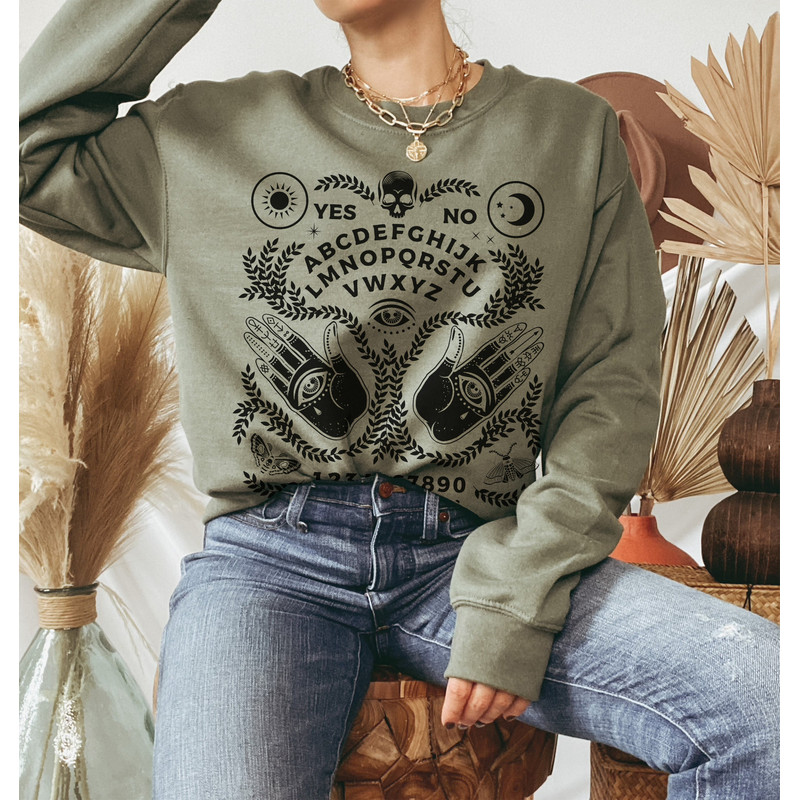 Ouija Board, Halloween Sweatshirt, Witchy Vibes Sweatshirt, Hamsa Hands, Celestial, Skull Sweatshirt, Boho Halloween 1.jpg