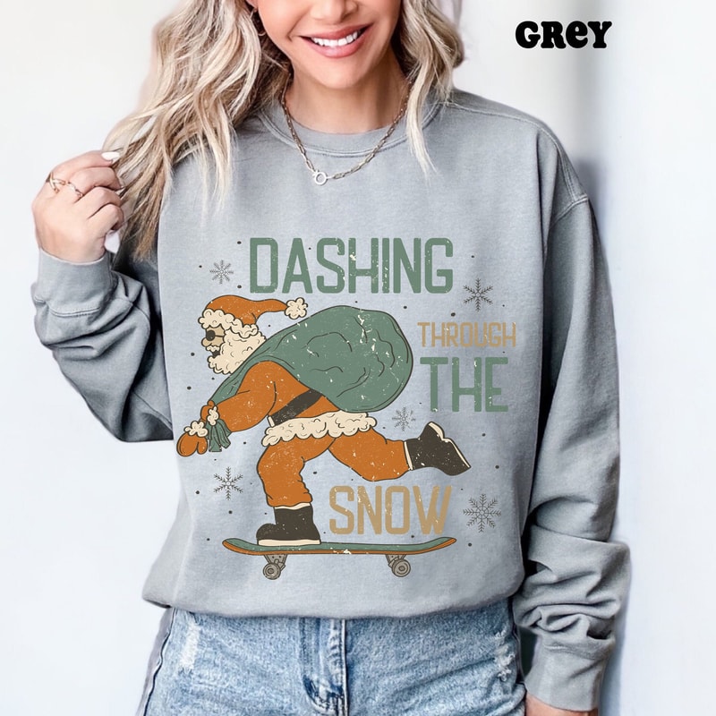 Comfort ColorsĀ® Christmas Santa Sweatshirt, Dashing Through Snow Santa Skateboard Hoodie, Retro Christmas Crewneck Sweater.jpg