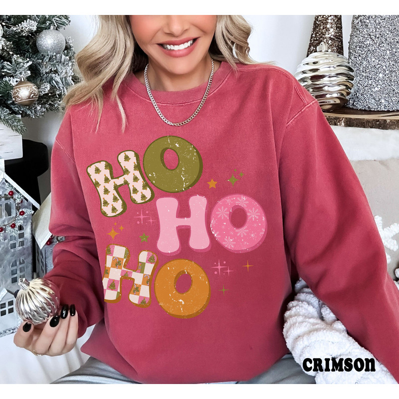 Comfort ColorsĀ® Christmas Sweatshirt for Women, Ho Ho Ho Christmas Hoodie, Retro Christmas Crewneck, Vintage Style Holiday Sweater 1.jpg
