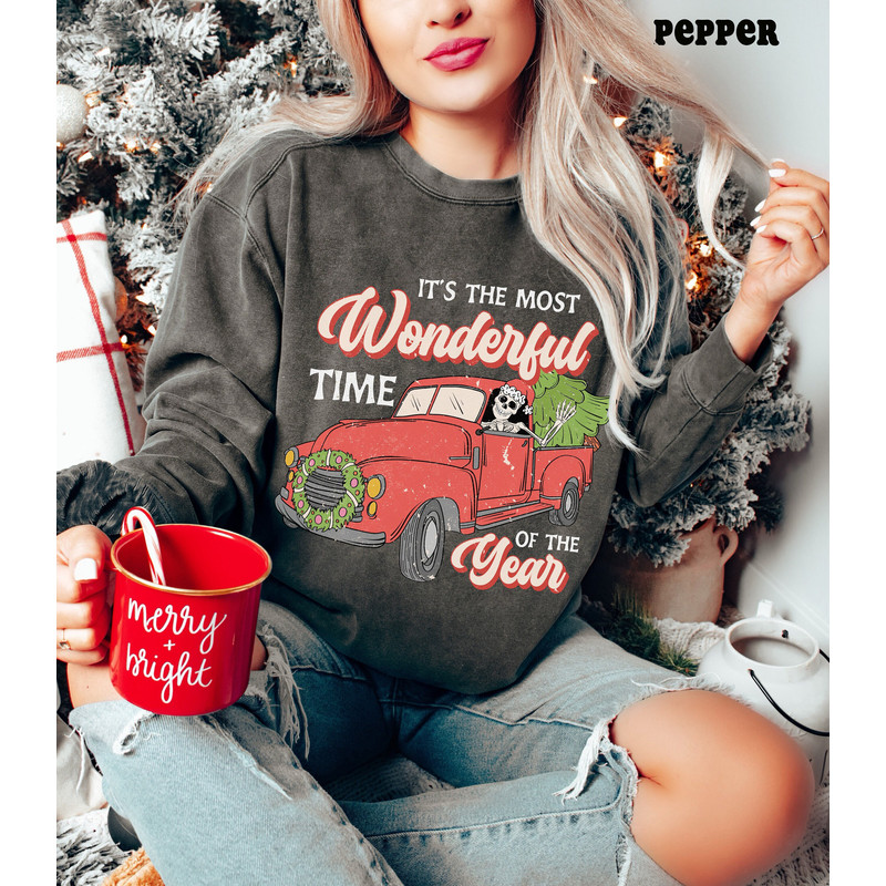 Comfort ColorsĀ® Christmas Sweatshirt for Women, Most Wonderful Time Skeleton Christmas Hoodie, Vintage Truck Christmas Holiday Sweater, 1.jpg