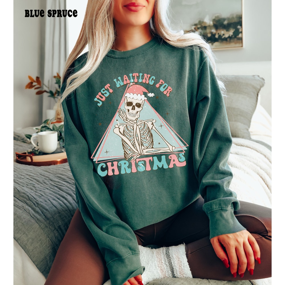 Comfort ColorsĀ® Christmas Sweatshirt for Women, Waiting for Christmas Skeleton Hoodie, Vintage Style Crewneck, Retro Christmas Sweater.jpg