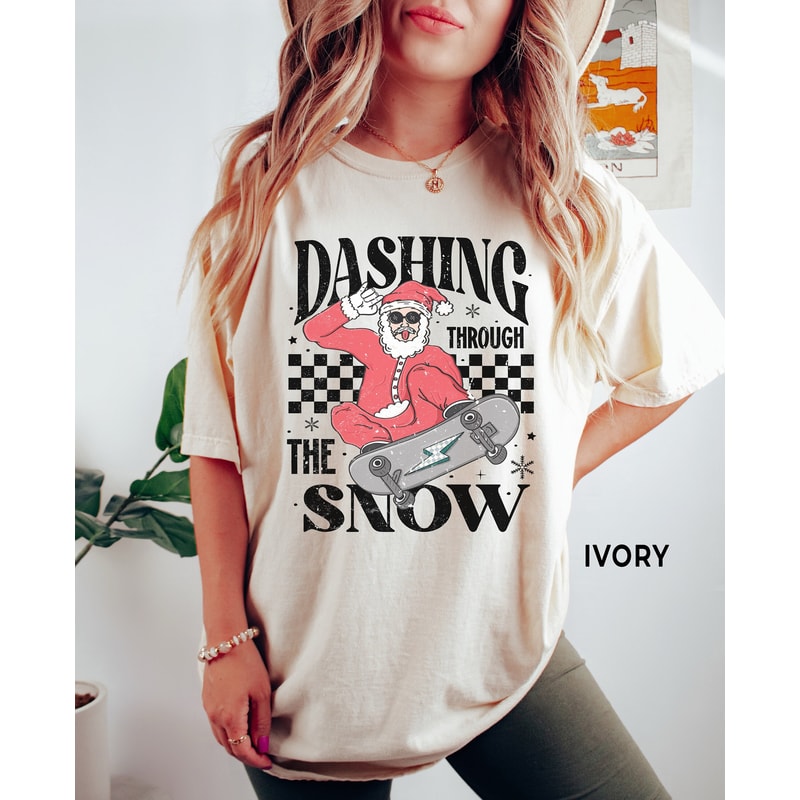 Comfort ColorsĀ® Funny Christmas Santa Shirt, Dashing Through Snow Santa Skateboard Christmas T Shirt, Retro Christmas Holiday Party Tee.jpg