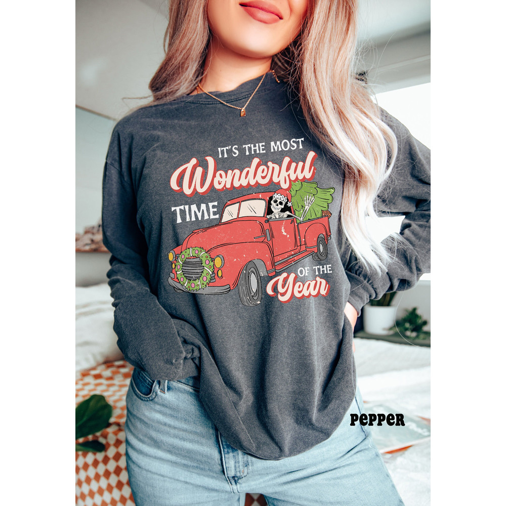 Comfort ColorsĀ® Long Sleeve Christmas Shirt for Women, Most Wonderful Time Christmas Skeleton TShirt, Retro Christmas Winter Holiday Tee 1.jpg