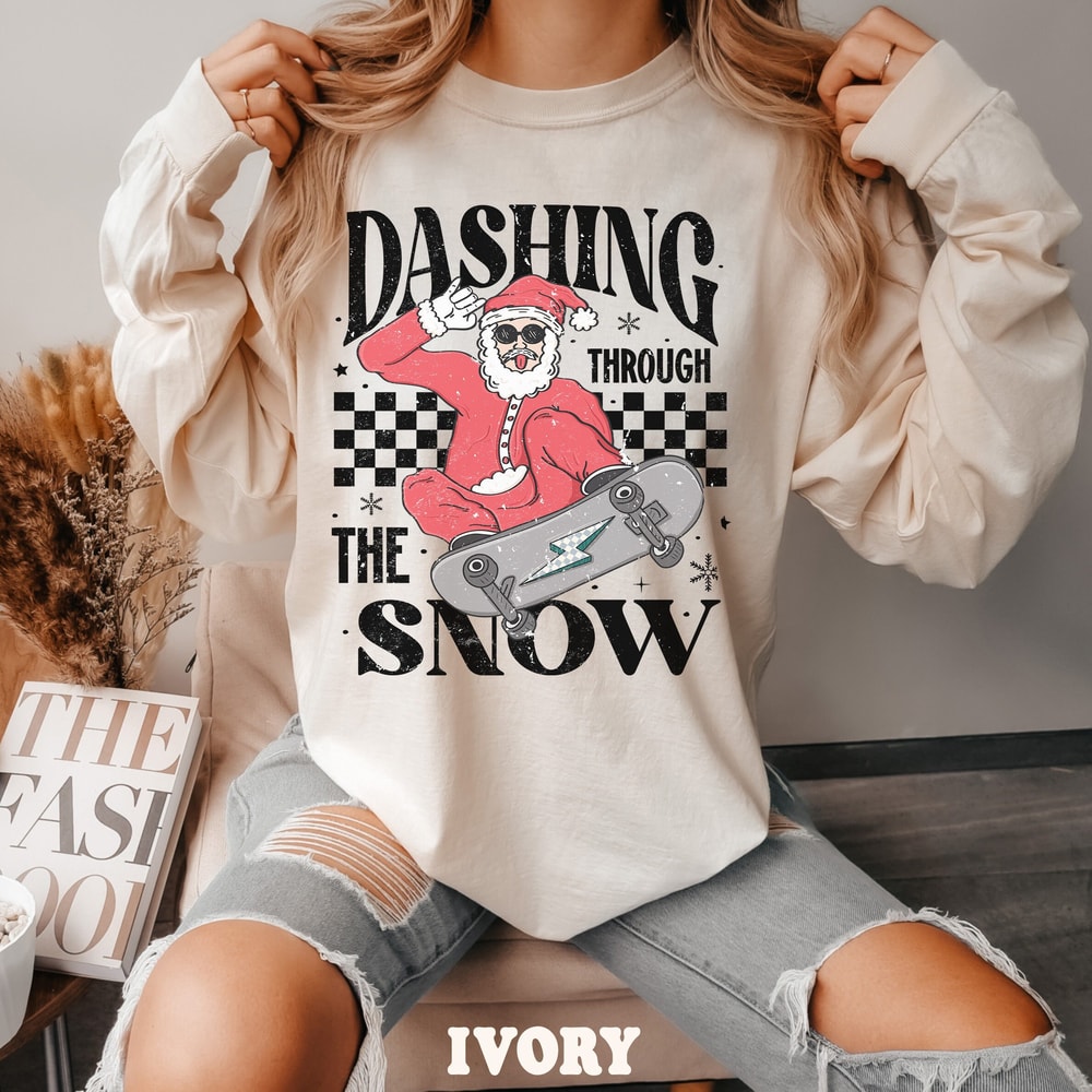 Comfort ColorsĀ® Long Sleeve Funny Christmas Santa Shirt, Dashing Through Snow Santa Skateboard Christmas Tee, Retro Christmas Holiday TShirt.jpg