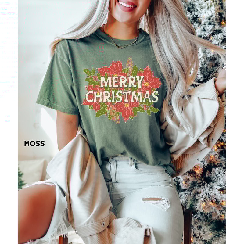 Comfort ColorsĀ® Merry Christmas Shirt for Women, Floral Christmas T Shirt, Retro Christmas Tee, Womens Holiday Shirt.jpg