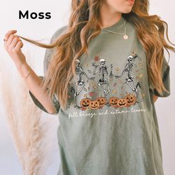 dancing skeleton shirt, halloween comfort colorsr, pumpkin jack o lantern shirt, autumn leaves tee, cute fall shirt for
