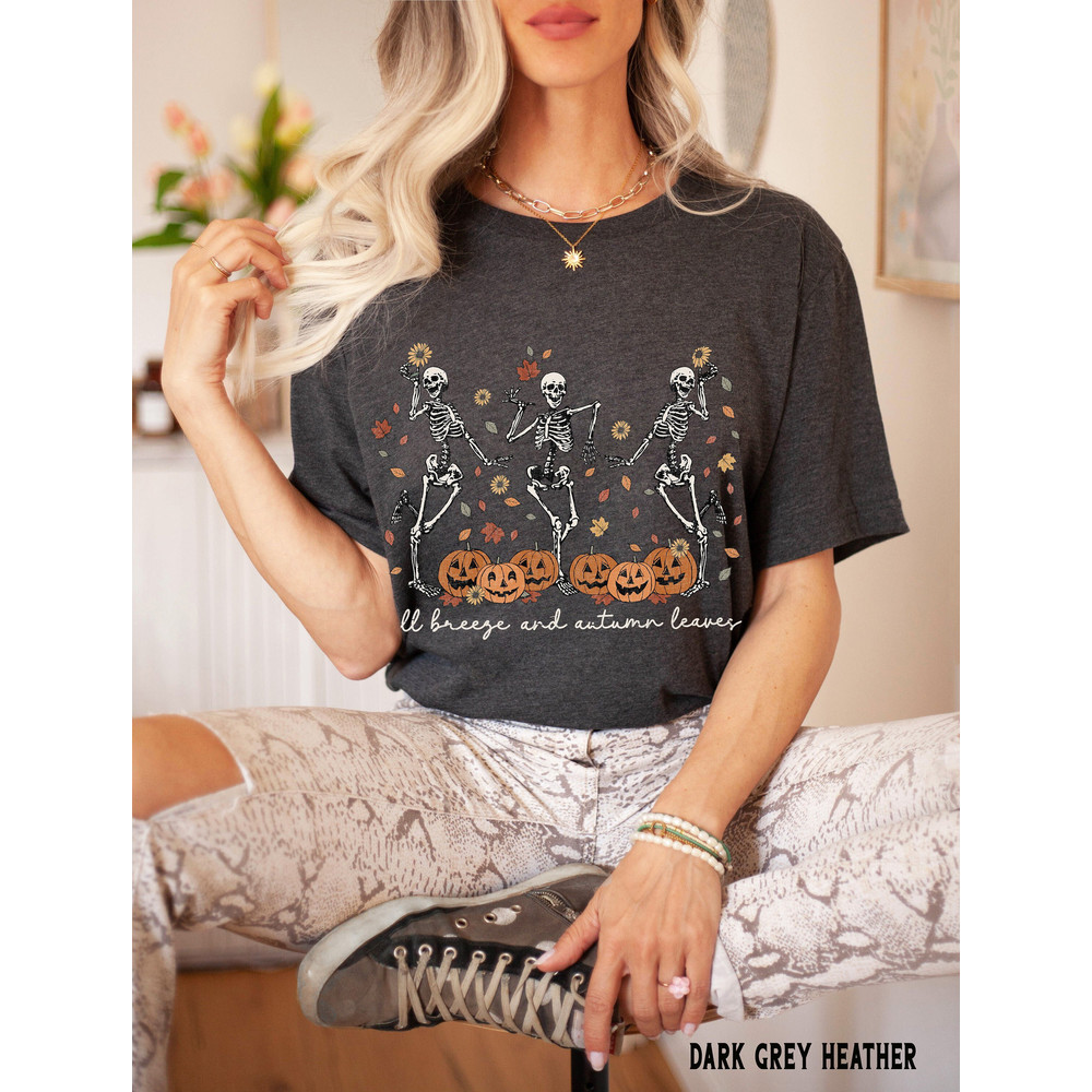 Dancing Skeleton Shirt, Pumpkin Tee, Skeleton and Jack o Lantern Halloween TShirt, Funny Halloween Shirt, Cute Fall Shirts for Women.jpg