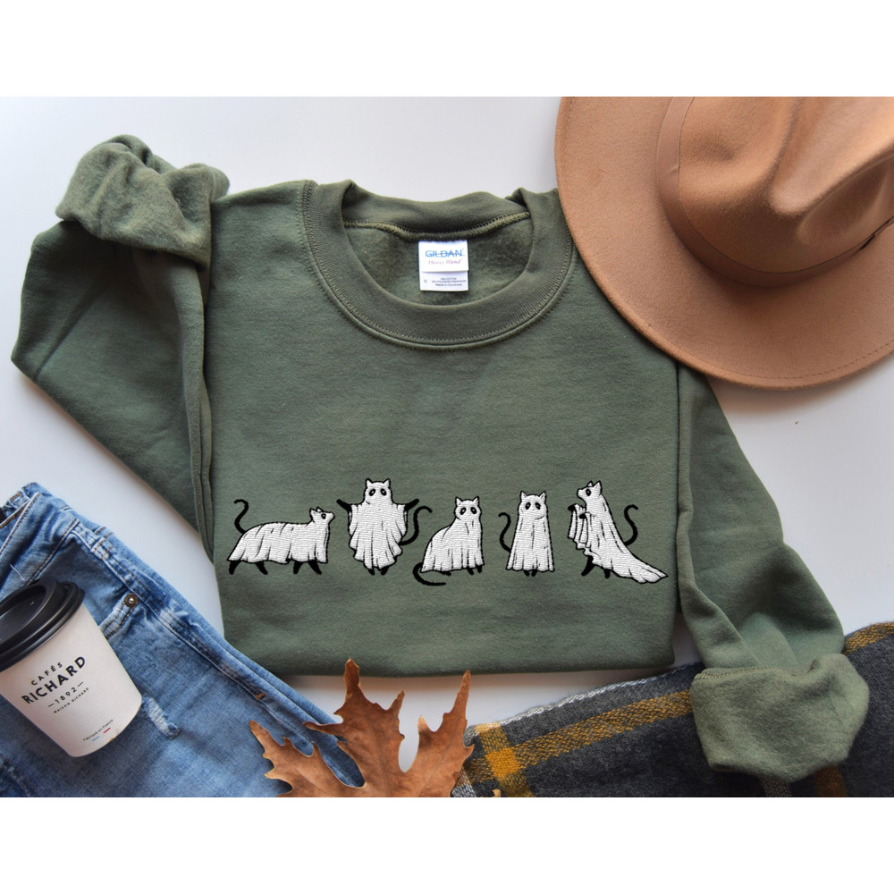 Embroidered Ghost Cat Sweatshirt, Halloween Sweatshirt, Black Cat, Fall Sweatshirt for Women, Halloween Crewneck, Ghost Shirt, Spooky Season 1.jpg