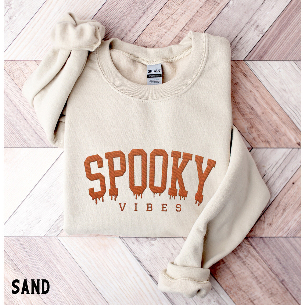 Embroidered Halloween Sweatshirt, Spooky Vibes Sweater, Orange Ink Halloween Crewneck, Spooky Season Fall Sweater.jpg