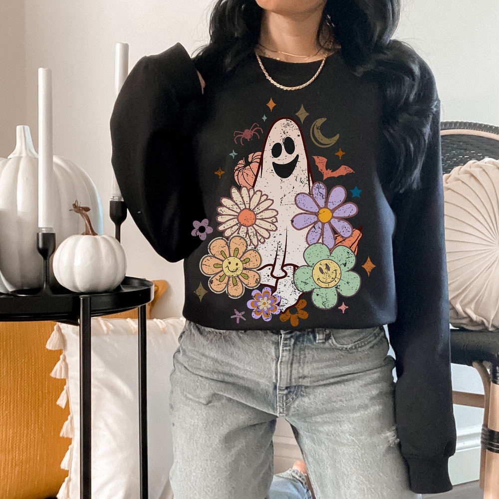 Flower Ghost Sweatshirt, Halloween Sweatshirt, Halloween Sweater, Floral Ghost Sweatshirt, Womens Fall Sweatshirt, Retro Halloween Crew 1.jpg