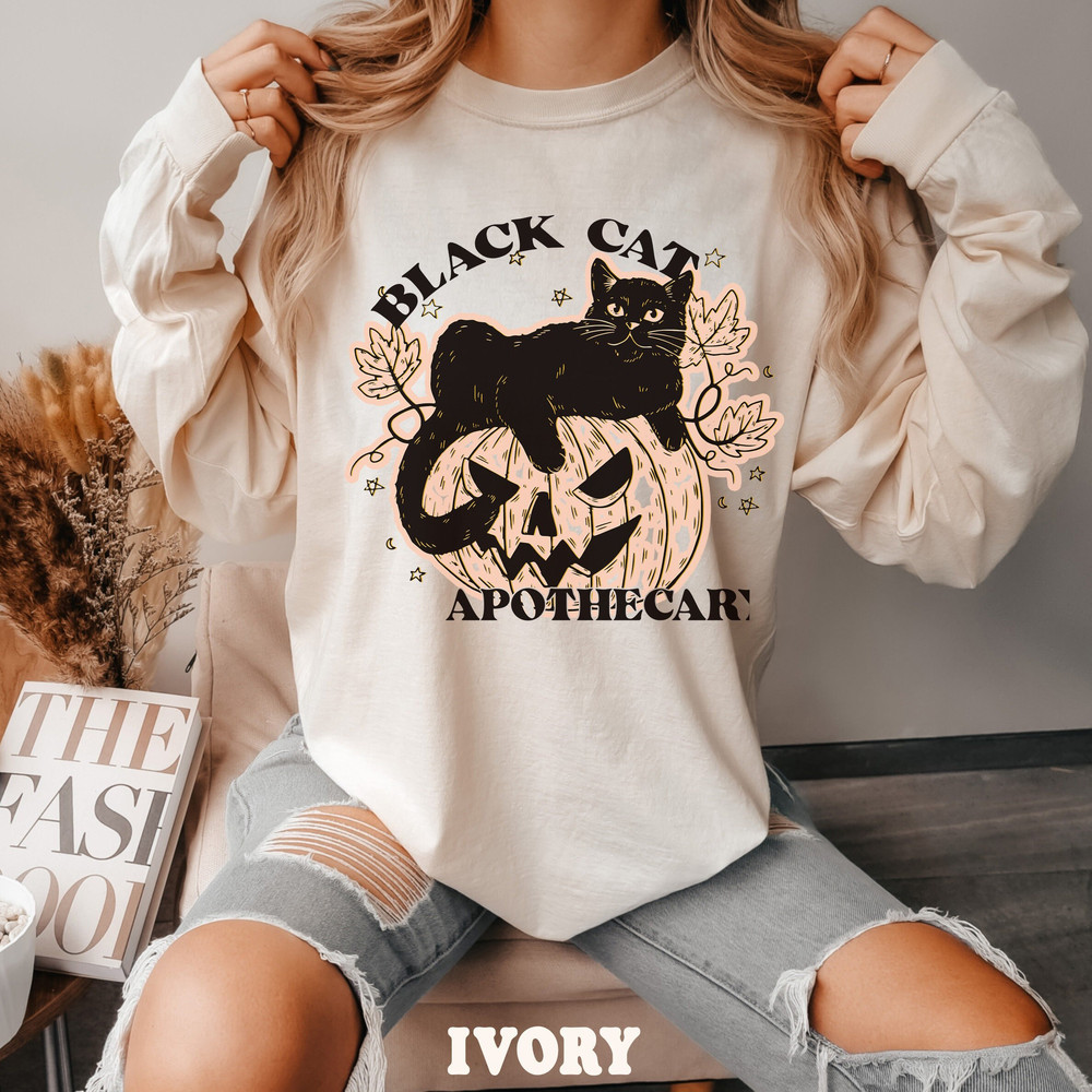 Halloween Comfort ColorsĀ® Long Sleeve Black Cat Shirt, Halloween Cat Shirt for Women, Vintage Halloween Tee, Black Cat Lover Fall Shirts.jpg