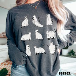 halloween comfort colorsr long sleeve ghost cat shirt, halloween shirt for women, vintage halloween tee, black cat lover