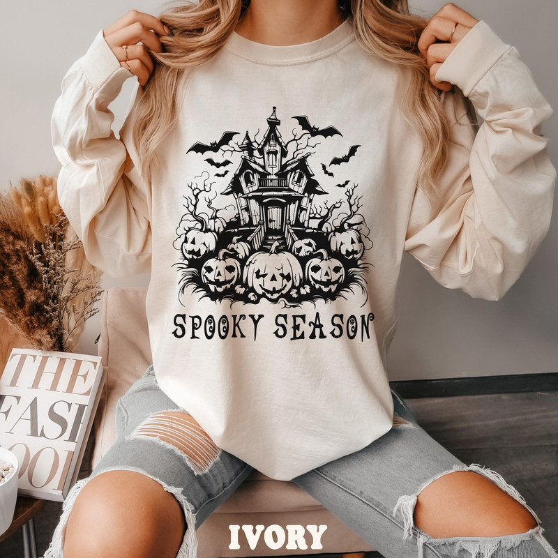 Halloween Comfort ColorsĀ® Long Sleeve Shirt, Retro Spooky Season Halloween Shirt, Vintage Halloween Tee, Haunted House Shirt, Pumpkin Shirt.jpg