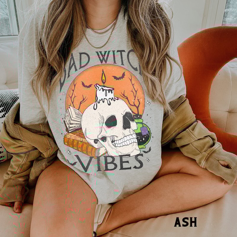 Halloween Shirt for Women, Bad Witch Vibes Skull TShirt, Witchy Occult Aesthetic Clothing, Gothic Gift for Her.jpg