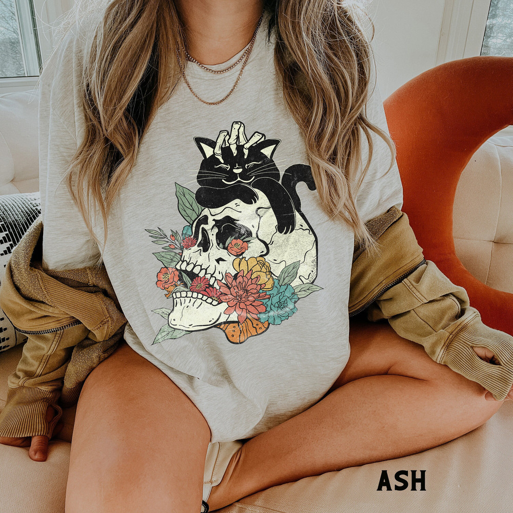 Black Cat on Flower Skull Shirt, Halloween Shirt, Floral Skull Boho Tee, Flower Skeleton Cat Tee, Womens Fall Shirts, Cat Lover Gift.jpg