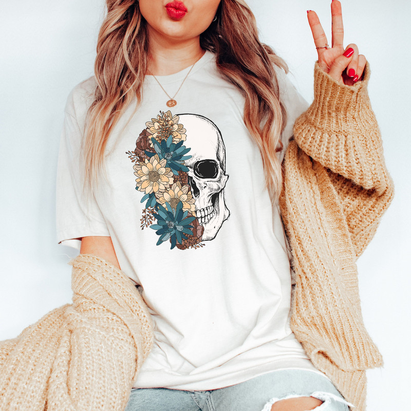 Bloom Skull Shirt, Halloween Shirt, Floral Skull Boho Graphic Tee, Womens Fall Shirt, Flower Skull Skeleton TShirt, Skeleton Blooms 1.jpg