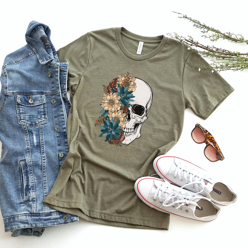 Bloom Skull Shirt, Halloween Shirt, Floral Skull Boho Graphic Tee, Womens Fall Shirt, Flower Skull Skeleton TShirt, Skeleton Blooms 2.jpg