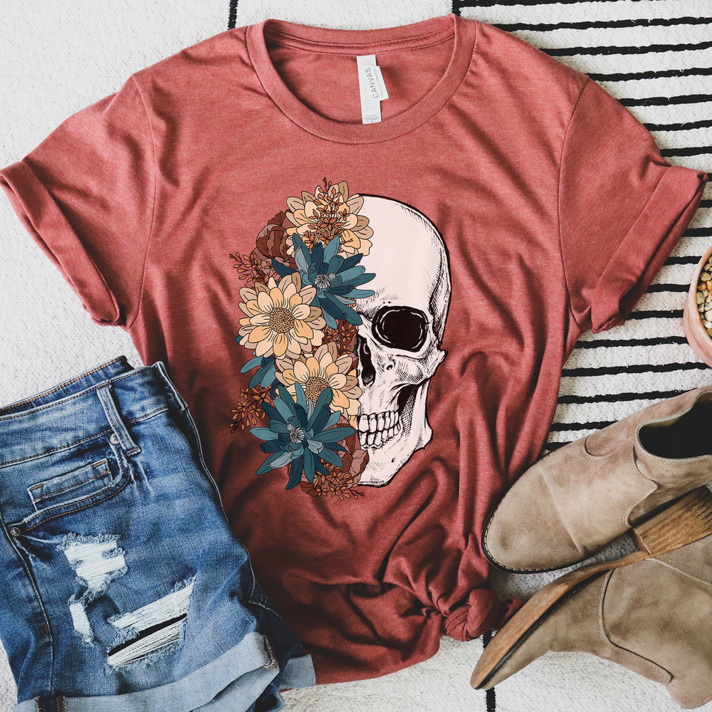 Bloom Skull Shirt, Halloween Shirt, Floral Skull Boho Graphic Tee, Womens Fall Shirt, Flower Skull Skeleton TShirt, Skeleton Blooms 3.jpg