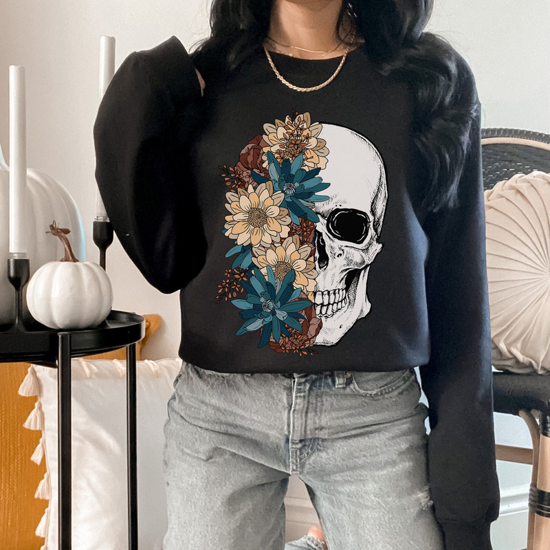 Bloom Skull Sweatshirt, Halloween sweatshirt, Floral Skull Boho, Womens Fall Sweater, Flower Skull Skeleton Crewneck, Skeleton Blooms 1.jpg