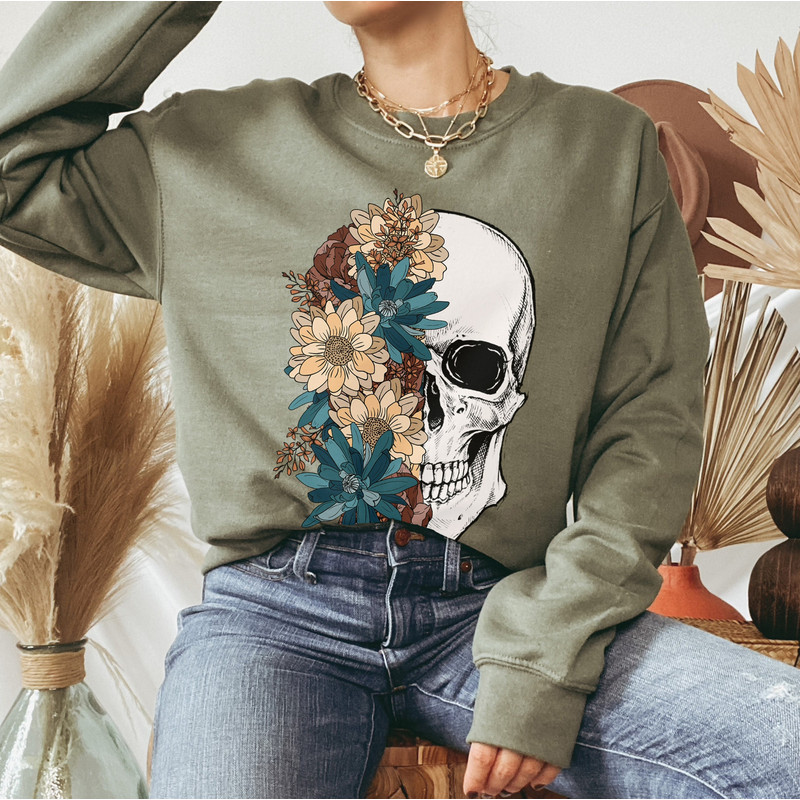 Bloom Skull Sweatshirt, Halloween sweatshirt, Floral Skull Boho, Womens Fall Sweater, Flower Skull Skeleton Crewneck, Skeleton Blooms.jpg
