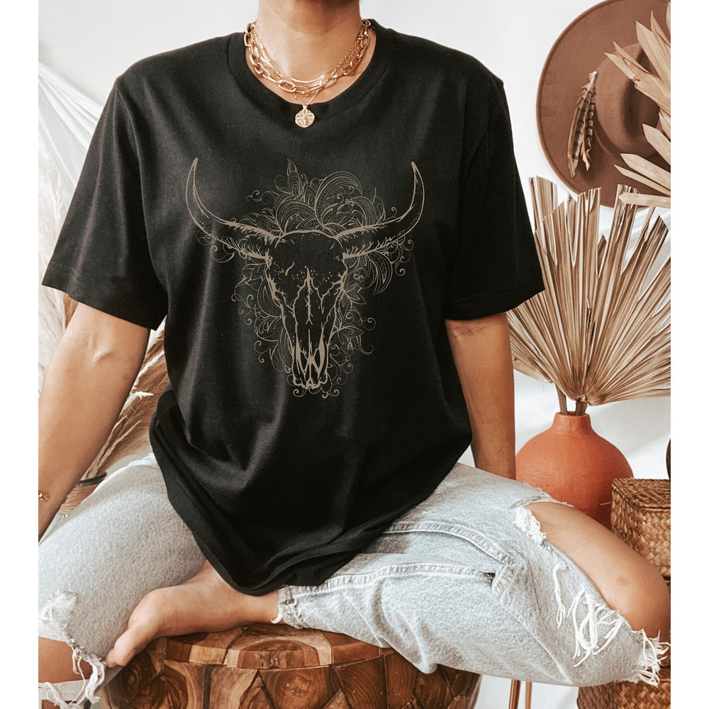 Boho Bull Skull Shirt, Country Shirts, Flower Longhorn Skull Tee, Cowgirl Shirt, Wild West Shirt, Western Shirt, Country Gifts.jpg
